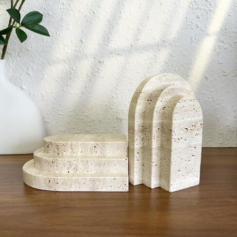 1 Piece Modern Travertine Bookend, Arched Design, Natural Stone Book Holders for Desk and Shelf (Travertine - 1 Piece) in Kuwait