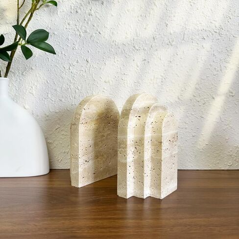 1 Piece Modern Travertine Bookend, Arched Design, Natural Stone Book Holders for Desk and Shelf (Travertine - 1 Piece) in Kuwait