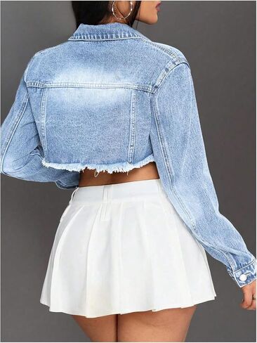MakeMeChic Women's Ripped Raw Trim Collar Button Down Long Sleeve Cropped Denim Jacket Outerwear in Saudi Arabia