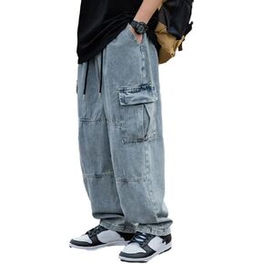 Men's Casual Loose Elastic Waist Cargo Jeans Hip Hop Denim Pants