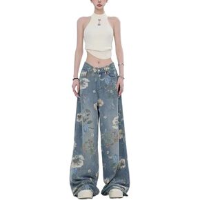 Unisex Flower Print Baggy Jeans Vintage Cowboy Harajuku Wide Leg Trashy Grunge Y2k Hip Hop Loose Fit Streetwear