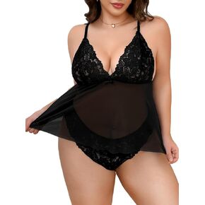 زائد الحجم الملابس الداخلية للنساء المتعرجين ، وظهر قلب مثير ، الظهر ، الشبكة الدانتيل babydoll 1xl-4xl ، مجموعة 2 قطعة