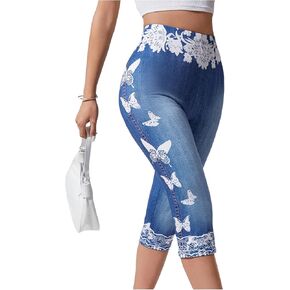 Women's Butterfly Denim Print Capri Pants High Waisted Stretch 3/4 Length Leggings