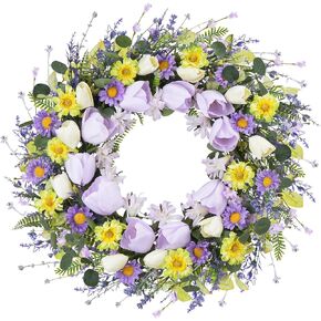 Summer Wreaths for Front Door, 21In Wildflower Wreath Faux Tulips Daisy Spring Summer Wreaths for Indoor Porch Wall Windows Outdoor Farmhouse Decor