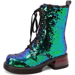 Women's Glitter Sequin Combat Boots Chunky Heel Lace Up Sequin Ankle Booties Round Toe Sparkly Ankle Booties