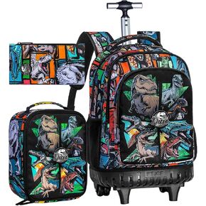 CCJPX 3PCS Rolling Backpack for Boys, 21 Inch Water Resistant Dinosaur Backpacks with Roller Wheels, Wheeled Bookbag for Teens Elementary School Travel-Brown