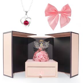 Preserved Rose Bouquet Gift Set with Glass Dome & Necklace - Pink for Mom, Girlfriend, Wife, Daughter & Her- Anniversary, Birthday, Thanksgiving, Wedding Gifts - Romantic Jewelry Present for Your Love