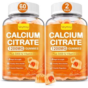Calcium 1200 mg with Vitamin D3 Gummies for Adults - Calcium Citrate with Vitamin D3 5000iu for Ultimate Absorption - Calcium Supplement for Women Men - Sugar Free, Non-GMO, Natural Strawberry Flavor