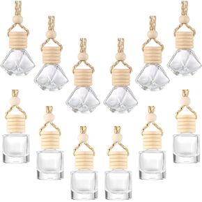 Patelai 12 Pcs 8ml Hanging Car Air Freshener Perfume Bottle Empty Clear Glass Essential Diffuser Oil Aromatherapy Fragrance Perfume Pendant Glass Bottle Decor(Assorted Style)