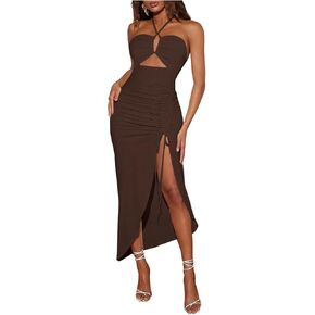 SOLY HUX Women's Cut Out Ruched Halter Dress High Split Drawstring Bodycon Maxi Vacation Dresses