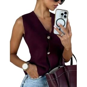 Arssm Womens Vest Top Trendy Sleeveless Cropped V Neck Knit Vest Button Down Knitwear Open Front Summer Tops Waistcoat
