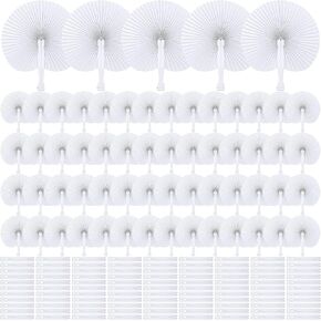 MCEAST 160 Pack Folding Wedding Paper Fans White Handheld Folding Fan Round Shaped Wedding Fans with Plastic Handle for Wedding Birthday Party Favors Supplies Home Decoration (Round)
