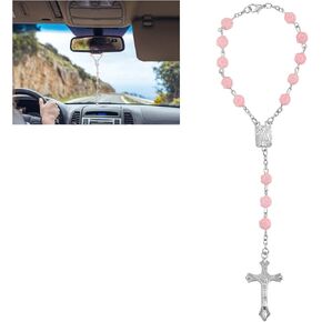 Car Rosary for Rearview Mirror, Rosary for Car Interior Rear View Mirror, Car Rear View Mirror Accessories for Women Men, Cross for Car Mirror Hanging Accessories, Hanging Car Accessories (Rose)