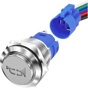 16MM 12V Horn Switch, 1NO 1NC SPDT Momentary Speaker Push Button Switch, Blue LED Horn Toggle Switch, Stainless Steel Horn Button with 5/8" Mounting Hole for Boat Auto Train (Silver/Blue)