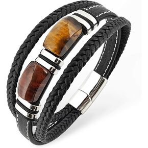 Tiger Eye Bracelet Men Leather Braided Black Wristband Natural Stone Protection Stainless Steel Bangle Gifts for Him
