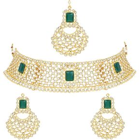 I Jewels Gold Plated Indian Wedding Bollywood Stone Work Design Choker Necklace Jewellery Set With Chandbali Earring & Maang Tikka For Women (M4172)