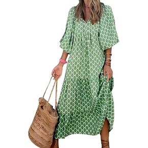 Women Loose Dress Geometric Printed Bubble Sleeve Dress Long Skirt