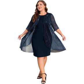 ZNU Plus Size Women Elegant Wedding Guest Mesh Dress Formal Gowns - 2025 Cocktail Party Midi Dress Half Sleeve in Kuwait