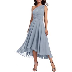 Women's Short Sleeve Mother of The Bride Dresses High-Low Chiffon Wedding Guest Dress Tea Length Dusty Blue US14