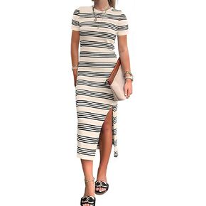 Women's 2025 Summer Midi Dress Vacation Crewneck Short Sleeve Ribbed Knit Slit Striped Sweater Bodycon Dresses