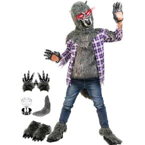 Werewolf Costume for Boys, Wolf Suits with Light Up Red Eyes Mask, Gloves, Shoes, Tail, Fangs Dress up for Kids