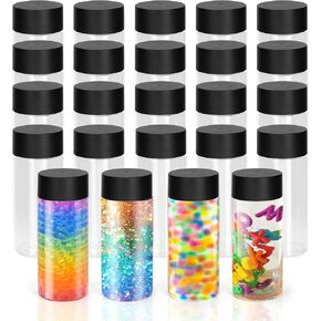 24 Pcs Clear Plastic Bottles Empty Sensory Bottles with Caps,10 Oz/ 300 ml PET Plastic Juice Reusable Leakproof Drink Container Bulk for Juice Milk (Black Lid)