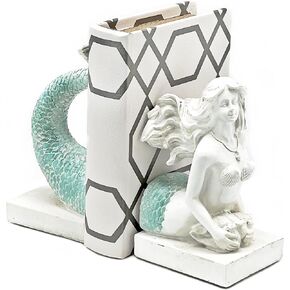 Bellaa 22975 Decorative Bookend Mermaid Antique Farmhouse Sailor Sea Nautical Coastal Fish Boho Beach Decor Retro Vintage Book Ends Distressed White Turquoise 9 Inch
