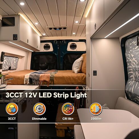 3CCT Flexible 16.4ft LED Strip Light with 12V CCT Switchable Dimmer Kit for Camper Vans, Trucks & Trailers Indoor. CCT Changeable(3000K/4500K/6000K) & Brightness Control DC12V, 10A in Kuwait