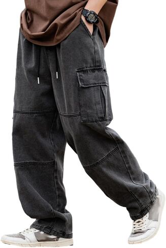 Men's Casual Loose Elastic Waist Cargo Jeans Hip Hop Denim Pants in Kuwait