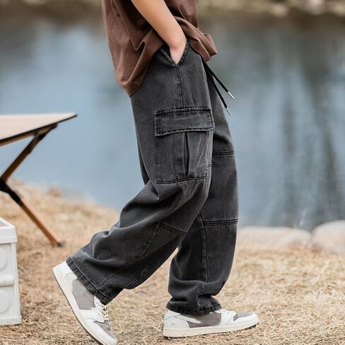 Men's Casual Loose Elastic Waist Cargo Jeans Hip Hop Denim Pants in Kuwait