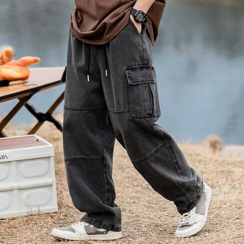 Men's Casual Loose Elastic Waist Cargo Jeans Hip Hop Denim Pants in Kuwait