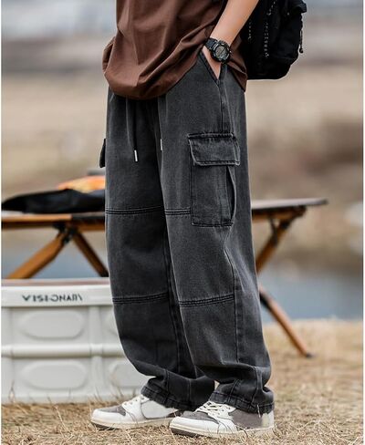 Men's Casual Loose Elastic Waist Cargo Jeans Hip Hop Denim Pants in Kuwait