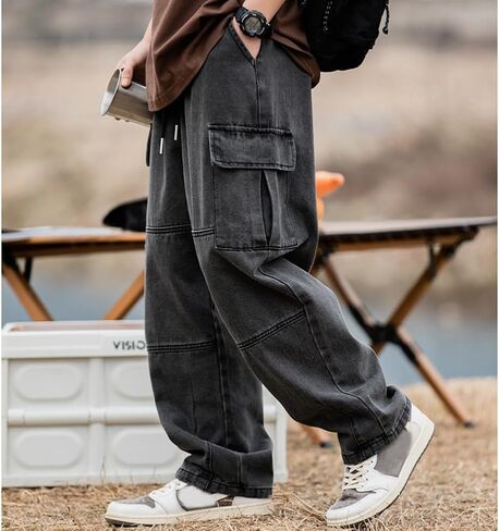 Men's Casual Loose Elastic Waist Cargo Jeans Hip Hop Denim Pants in Kuwait