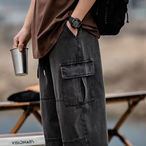 Men's Casual Loose Elastic Waist Cargo Jeans Hip Hop Denim Pants in Kuwait