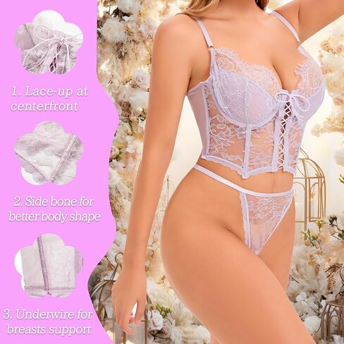 Women Lingerie Lace Bustier Lingerie Sets Floral V Neck Corset Tops and Panty Outfits Nightwear for Women S-3XL in Saudi Arabia