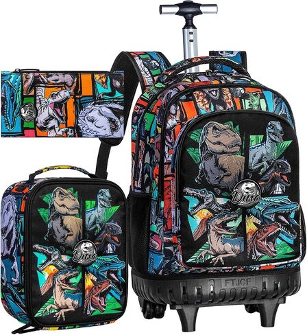 CCJPX 3PCS Rolling Backpack for Boys, 21 Inch Water Resistant Dinosaur Backpacks with Roller Wheels, Wheeled Bookbag for Teens Elementary School Travel-Brown in Saudi Arabia