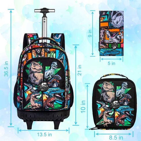 CCJPX 3PCS Rolling Backpack for Boys, 21 Inch Water Resistant Dinosaur Backpacks with Roller Wheels, Wheeled Bookbag for Teens Elementary School Travel-Brown in Saudi Arabia