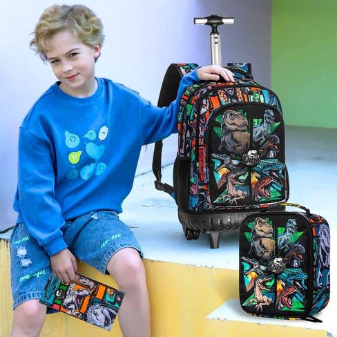 CCJPX 3PCS Rolling Backpack for Boys, 21 Inch Water Resistant Dinosaur Backpacks with Roller Wheels, Wheeled Bookbag for Teens Elementary School Travel-Brown in Saudi Arabia
