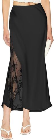 Women's Satin Silk Skirts A Line Flowy Ruffle Floral Lace Splicing Cocktail Party Maxi Long Skirt in Saudi Arabia