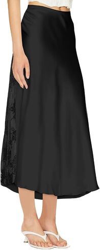Women's Satin Silk Skirts A Line Flowy Ruffle Floral Lace Splicing Cocktail Party Maxi Long Skirt in Saudi Arabia