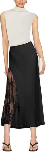 Women's Satin Silk Skirts A Line Flowy Ruffle Floral Lace Splicing Cocktail Party Maxi Long Skirt in Saudi Arabia