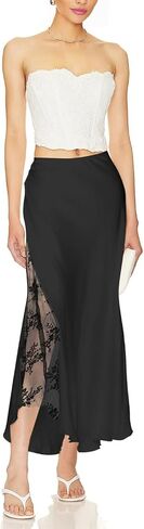 Women's Satin Silk Skirts A Line Flowy Ruffle Floral Lace Splicing Cocktail Party Maxi Long Skirt in Saudi Arabia