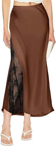 Women's Satin Silk Skirts A Line Flowy Ruffle Floral Lace Splicing Cocktail Party Maxi Long Skirt in Saudi Arabia