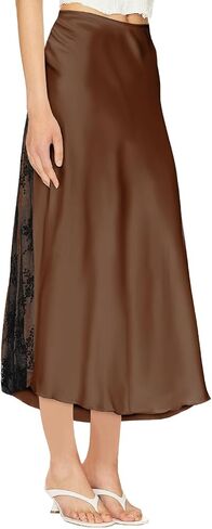 Women's Satin Silk Skirts A Line Flowy Ruffle Floral Lace Splicing Cocktail Party Maxi Long Skirt in Saudi Arabia