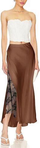 Women's Satin Silk Skirts A Line Flowy Ruffle Floral Lace Splicing Cocktail Party Maxi Long Skirt in Saudi Arabia