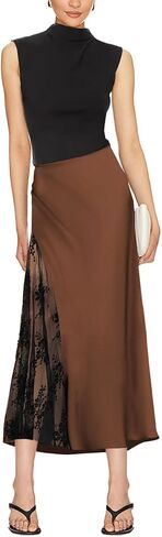 Women's Satin Silk Skirts A Line Flowy Ruffle Floral Lace Splicing Cocktail Party Maxi Long Skirt in Saudi Arabia