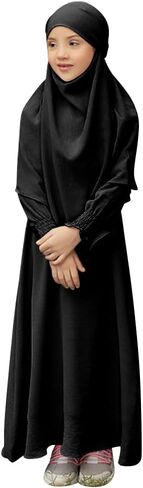 OBEEII Abaya for Girls Muslim Long Sleeve Prayer Dress Ramadan Kaftan Abaya with Hijab Islamic Clothing Arabic Eid Robe in Saudi Arabia