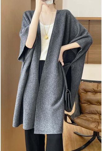 100 ٪ Merino Wool Shawl Wrap Women's Boncho Cape Cardigan Autumn Winter Loose Sweater Coat in Kuwait