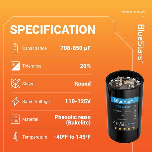 BlueStars 708-850 فائق التوهج MFD 50/60 هرتز 110-125 فولت تيار متردد مكثف بدء مستدير من بلو ستارز - مناسب عالمي لمكيفات الهواء وتطبيقات المحركات الكهربائية الأخرى - حزمة من 1 in Saudi Arabia