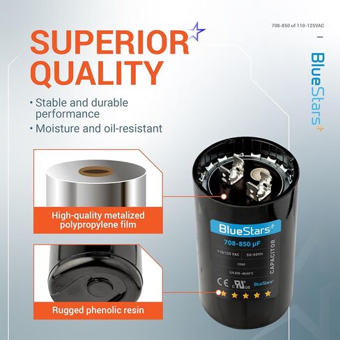 BlueStars 708-850 فائق التوهج MFD 50/60 هرتز 110-125 فولت تيار متردد مكثف بدء مستدير من بلو ستارز - مناسب عالمي لمكيفات الهواء وتطبيقات المحركات الكهربائية الأخرى - حزمة من 1 in Saudi Arabia